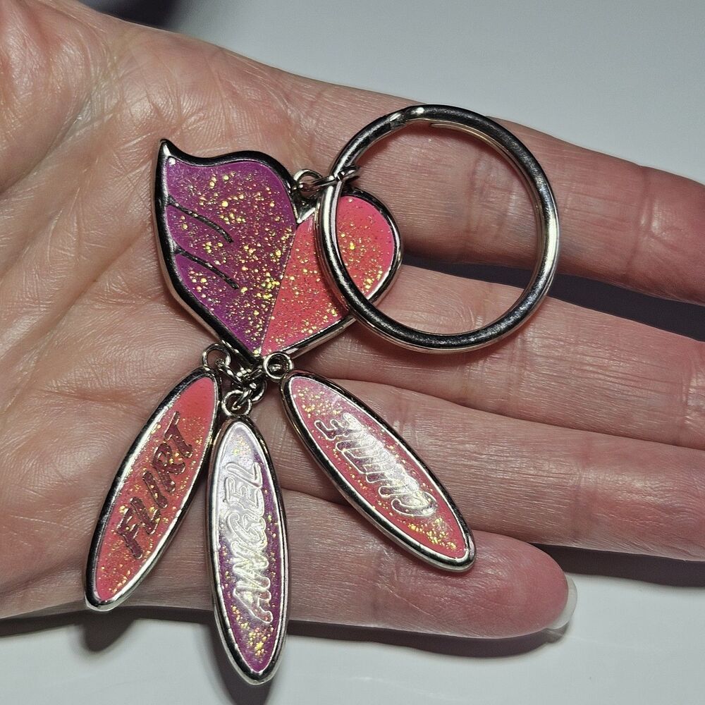 Silver Tone Flirt Angel Cutie Pink Purple Heart Keychain Fob